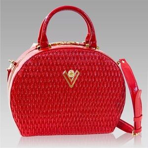 Valentino Designer Italian Made Red Patent Quilted Leather Bowling Bag Purse